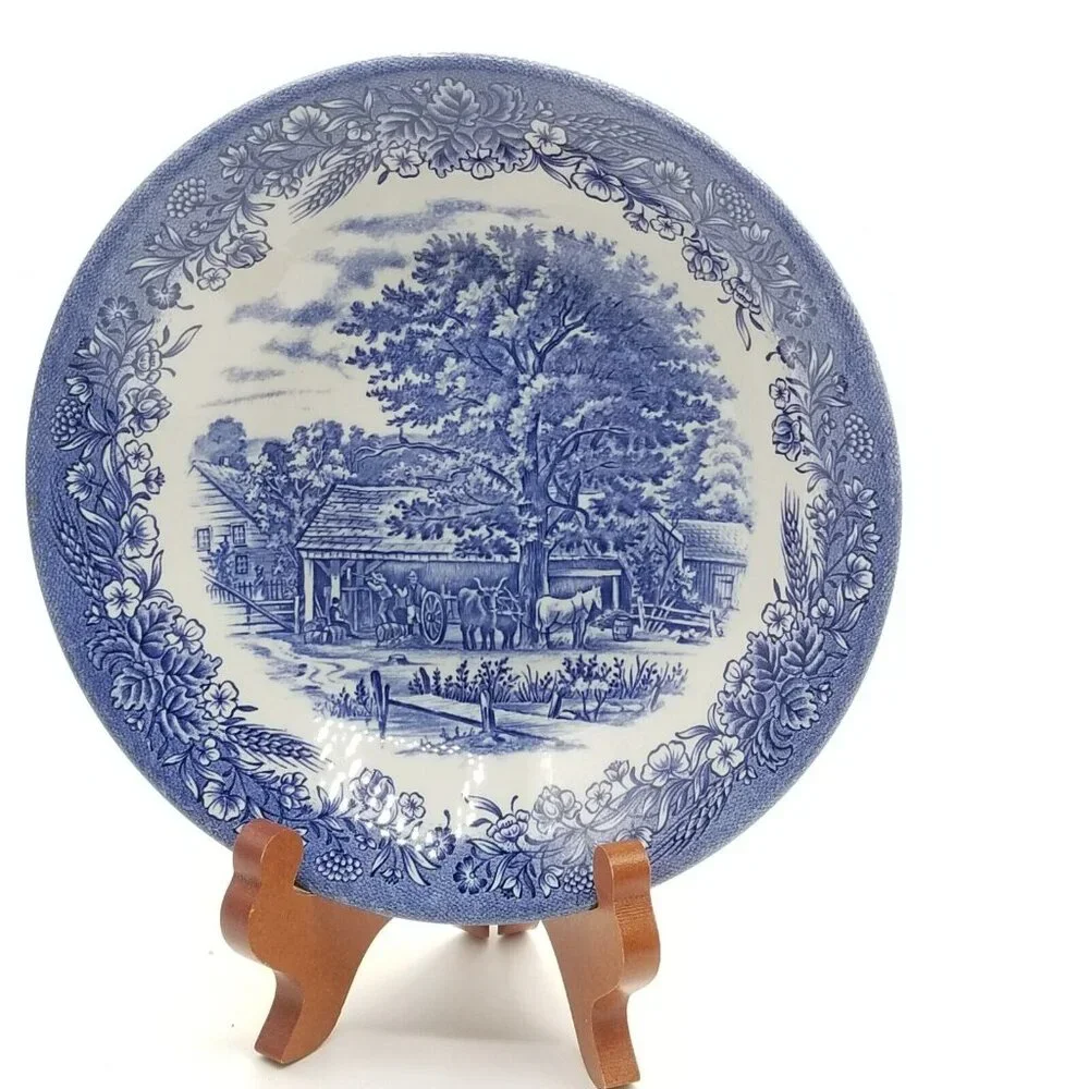 Lot Of 3 Churchill England Soup Bowls 7.75” Farm Scene‎ Horse Oxen Blue Floral
